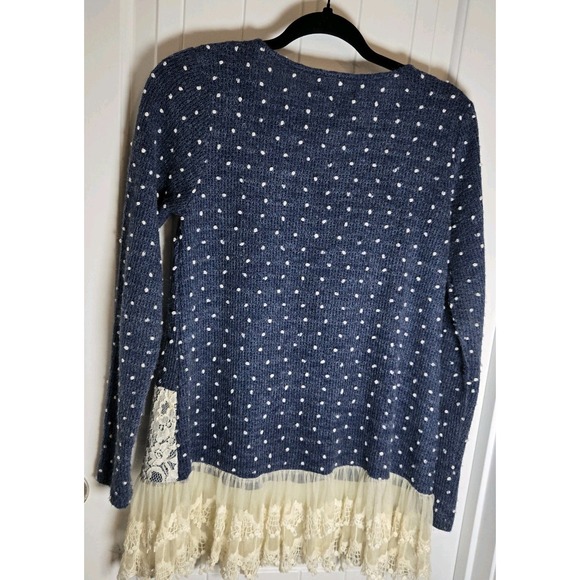 A'reve sweater Sz SM Navy Swiss Dot Lace Trim On Bottom - Picture 2 of 7